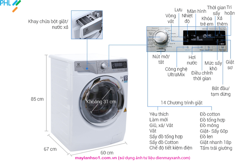 Máy giặt sấy lồng ngang Electrolux 10kg EWW14023